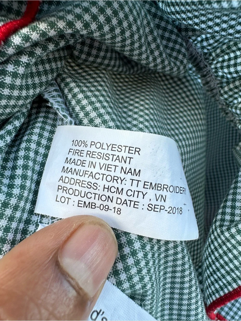 Sweet Dreams Green Gingham Nightgown with Red Trim and Monogram